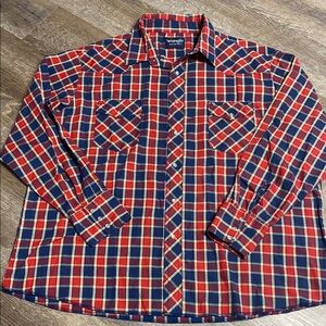 Vintage Wrangler Men's Red and Blue Plaid Shirt Pearl Button XL